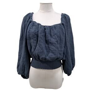 Michael Stars Cotton Gauze Peasant Top Blue Boho Smocked Off Shoulder Large